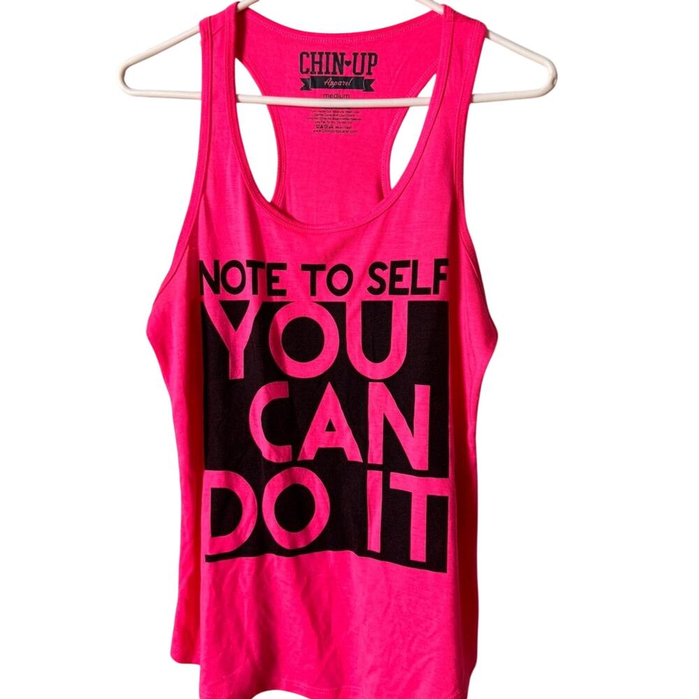 Chin-Up Apparel Sporty Pink Motivational Graphic Racerback Tank Top Sz M